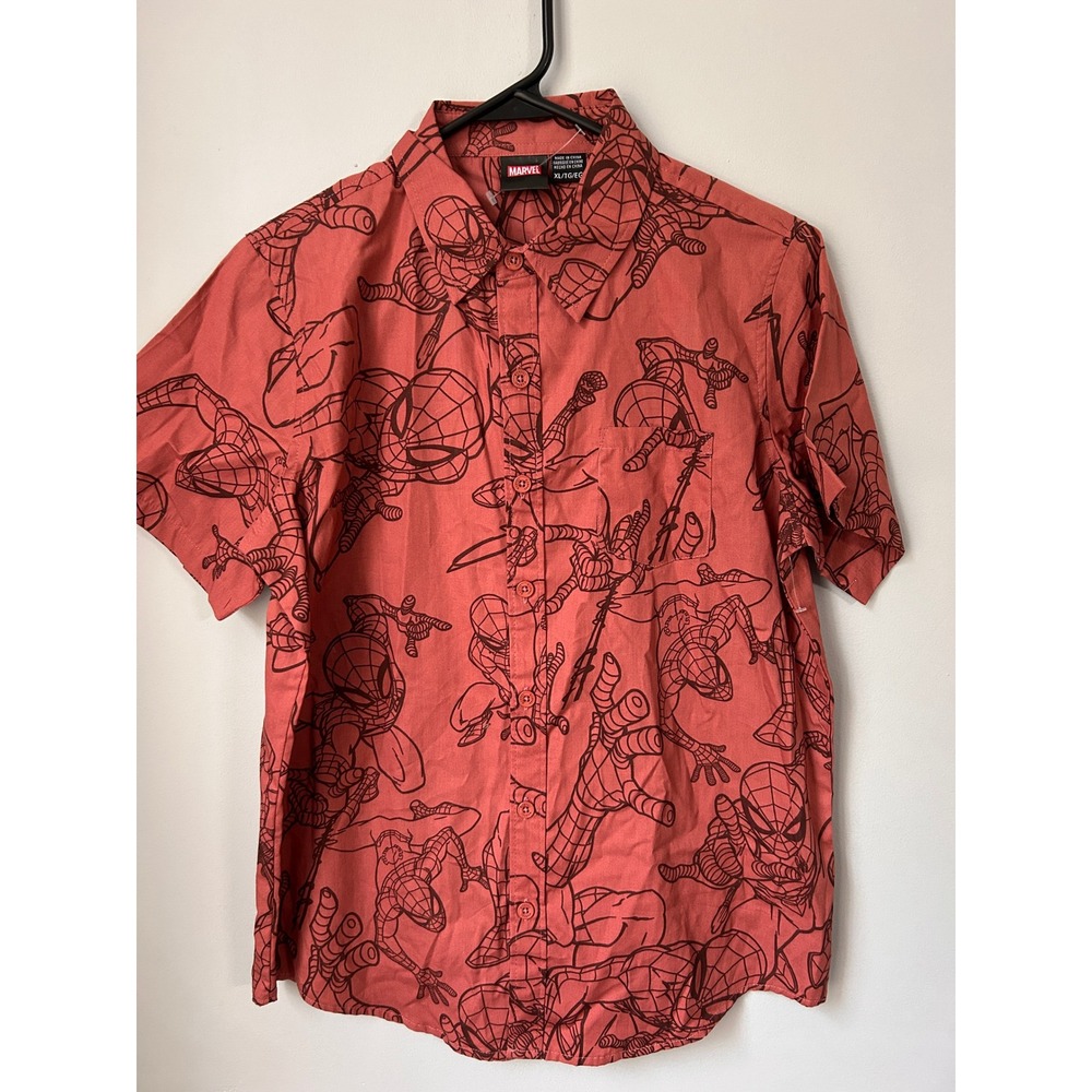 Marvel Spider-Man Boys XL Red Short Sleeve Button Down Shirt Mad Engine Cotton